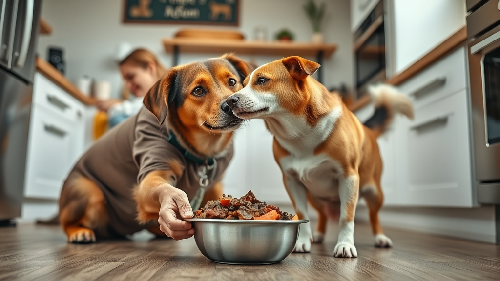 made dog food recipe beef vegetables owner feeding eager dog modern kitchen nutritious food