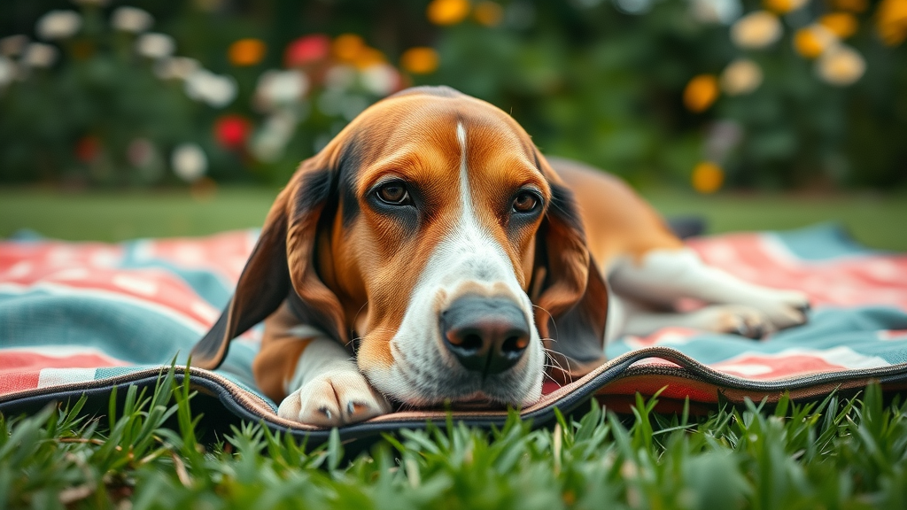 Relaxed basset hound lounging with gentle stillness on a picnic blanket in a lush garden; perfect image of a calm, laid-back dog breed.