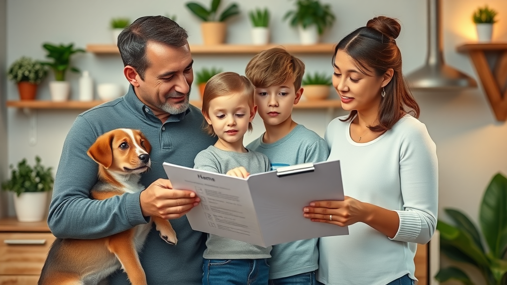 parents and children reviewing a home checklist together with a curious puppy beside them, dogs good with kids, modern home kitchen, feeling of preparation and anticipation