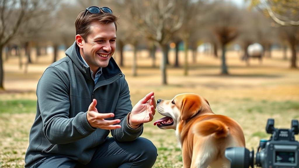 Friendly professional dog trainer demonstrates training with a dog and owner, outdoors in a park, building trust with reactive dogs.