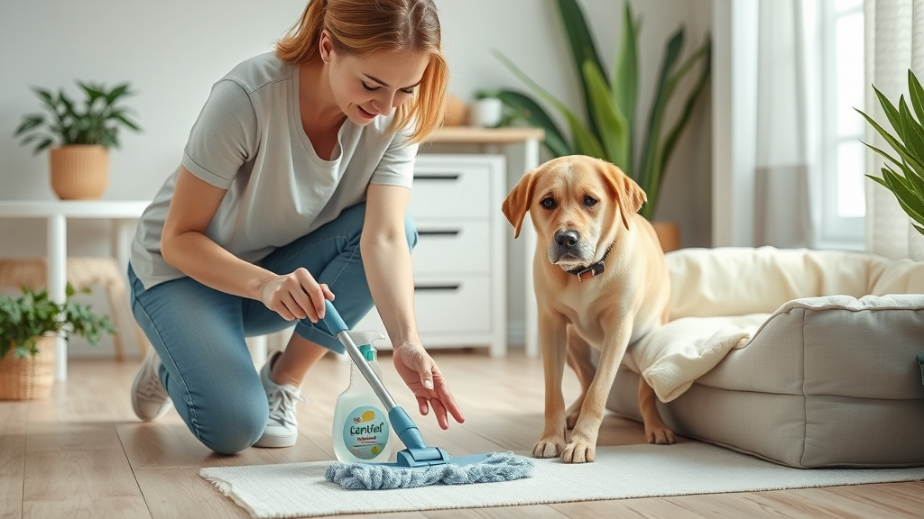 Caring pet owner gently cleaning up after their senior dog indoors, showing compassion in managing house soiling due to cognitive dysfunction