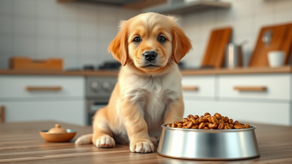 adorable golden retriever puppy sitting attentively beside a bowl of nutritious kibble in a modern kitchen - puppy food reviews