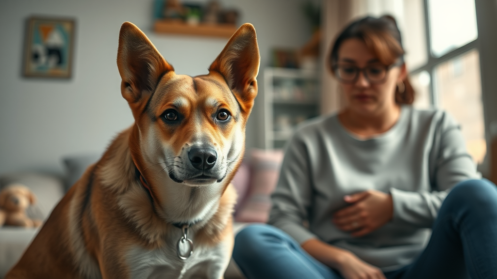 Dog owner observing a medium-sized dog showing subtle signs of aggression, body language displaying ears back and intense stare, cozy home setting, natural daylight, aggression in dogs