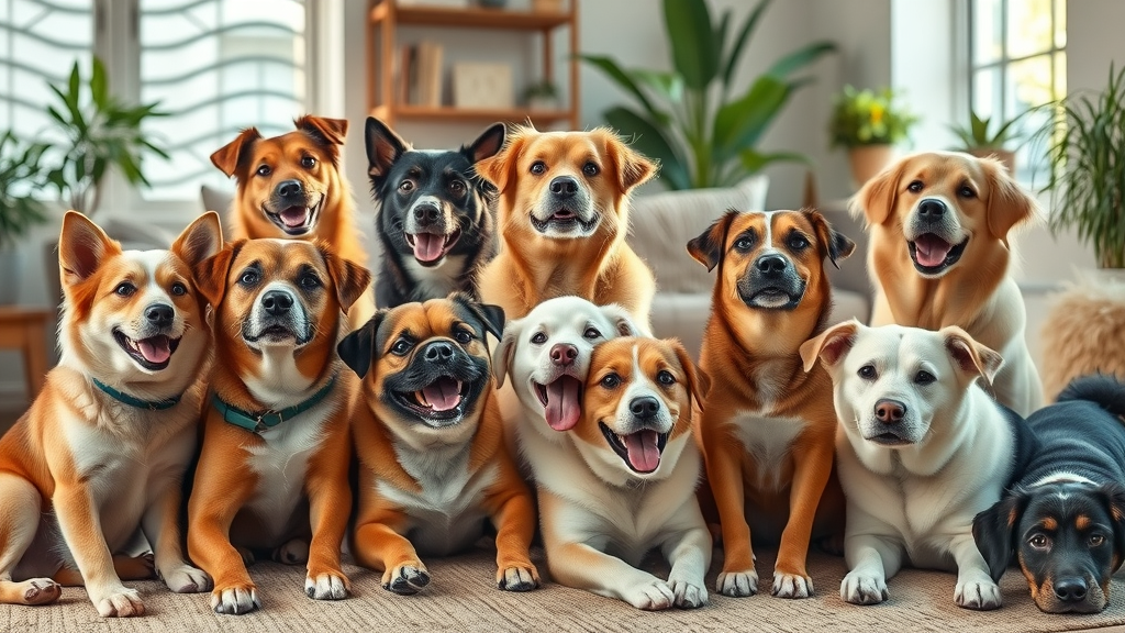 affectionate dog breeds group Golden Retriever, Labrador Retriever, Shih Tzu in cozy living room