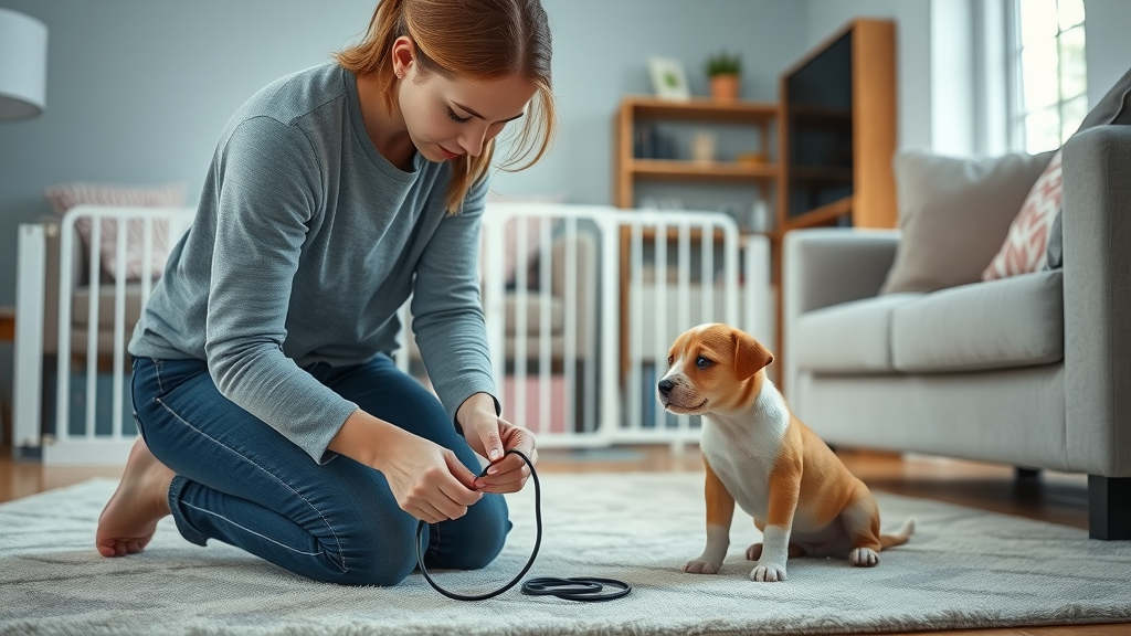 Careful adult kneeling to secure electrical cords in living room, visible puppy gates and puppy-safe furniture, puppy watches curiously, puppy checklist home safety measures
