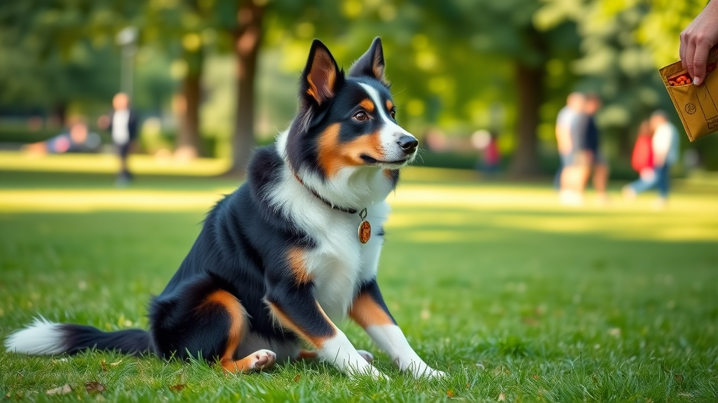 well-behaved Border Collie responding to sit command, obedience dog training exercises in park