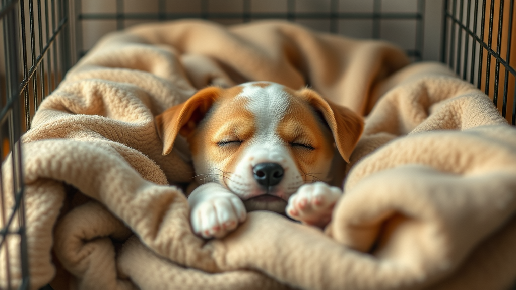 content puppy resting comfortably in a spacious crate with cozy bedding - crate bed essential puppy gear