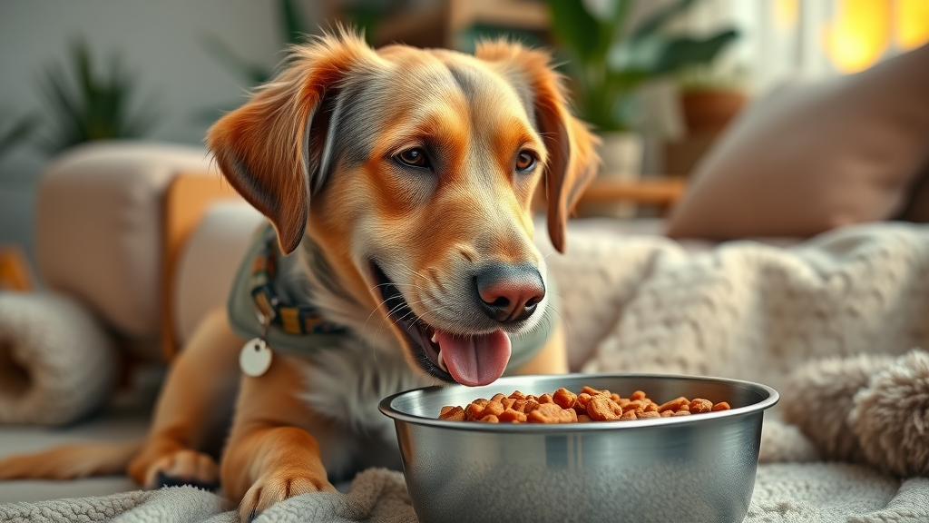 wet dog food brands happy senior dog eating nutritious meal living room