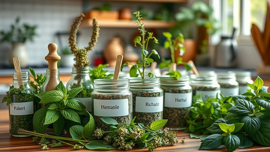 array of medicinal herbs in jars, herbal treatments for dogs, sunny kitchen counter