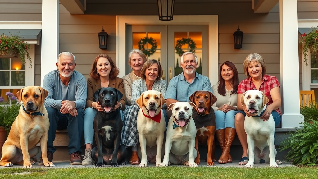 multigenerational family, dogs for families, several breeds, together on porch, unity, happiness, front yard garden, golden hour light