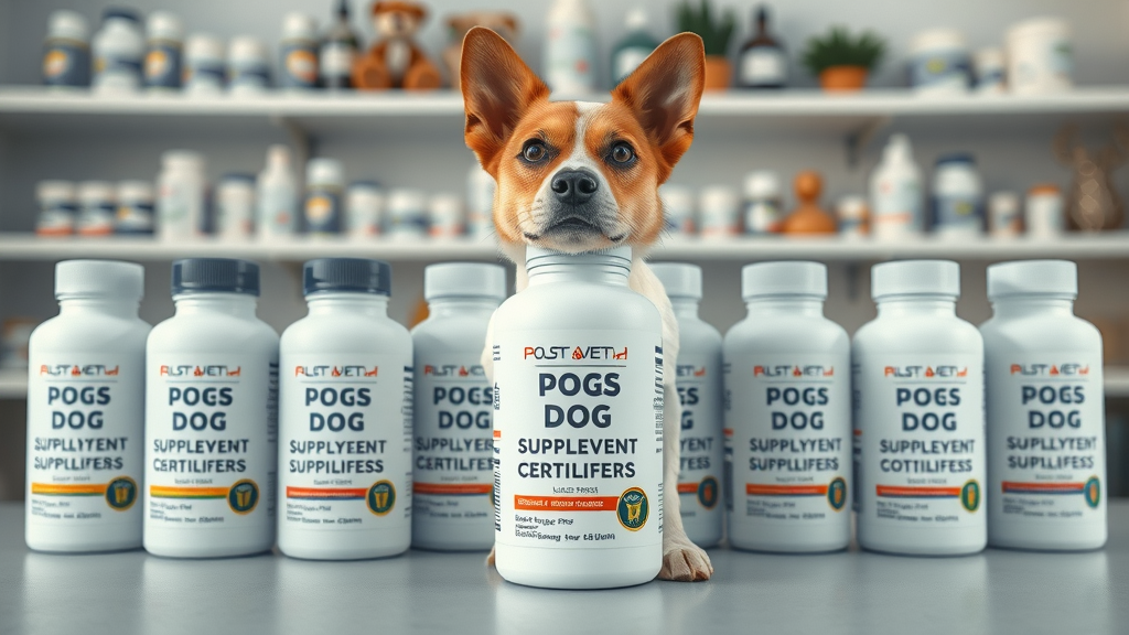 dog supplement bottles with visible certification seals and clear labels, representing trusted dog nutrition and natural supplements