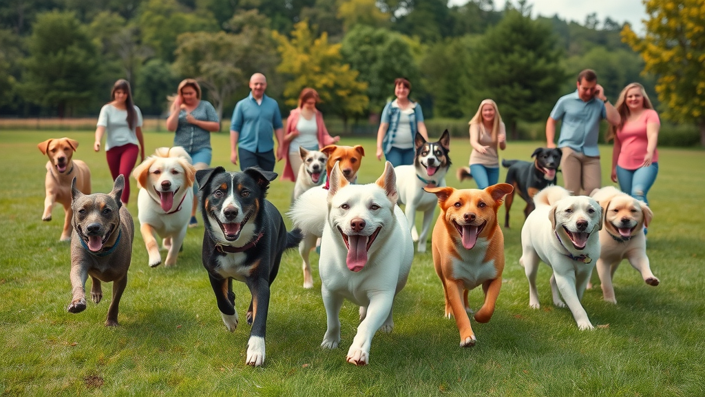 diverse group of dogs and owners playing fetch, demonstrating outdoor dog exercise ideas