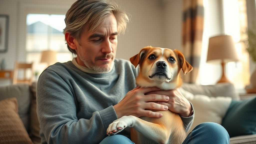 Calm adult gently comforting an anxious dog in a safe home environment, visibly relaxed after a tense moment, post-aggression support