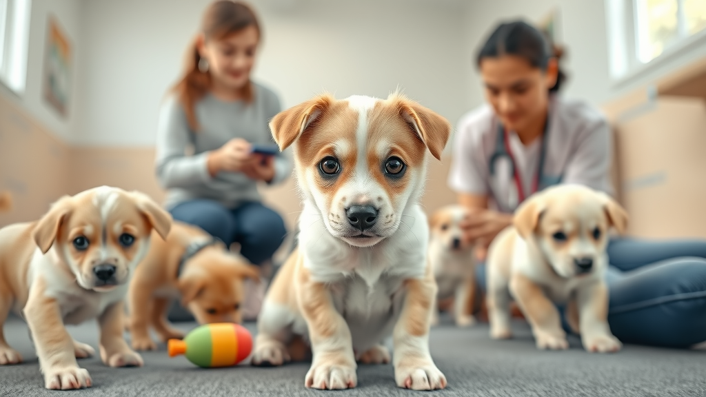adorable young puppy interacting gently with other puppies and a dog trainer in a bright puppy class, puppy socialization activities