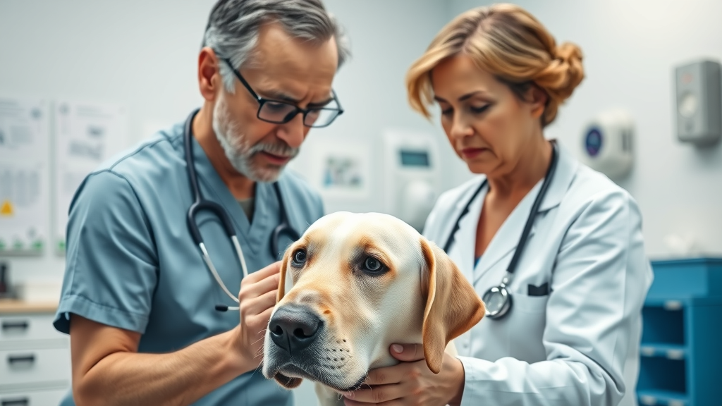 attentive veterinarian examining senior labrador - vet visit for senior dog exercise tips