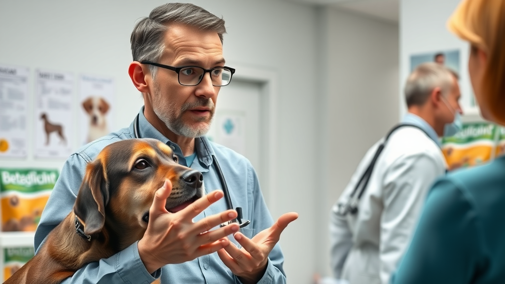 Veterinarian explaining senior dog nutrition with dog food samples and charts