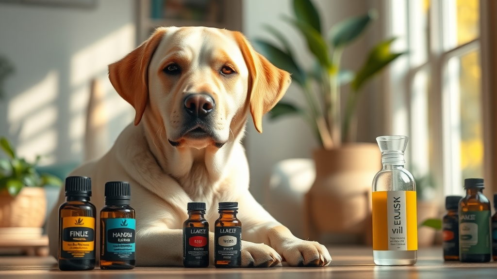 Calm Labrador retriever sits alertly beside essential oils and carrier oil in a cozy home with sunlight and indoor plants. essential oils safe for dogs