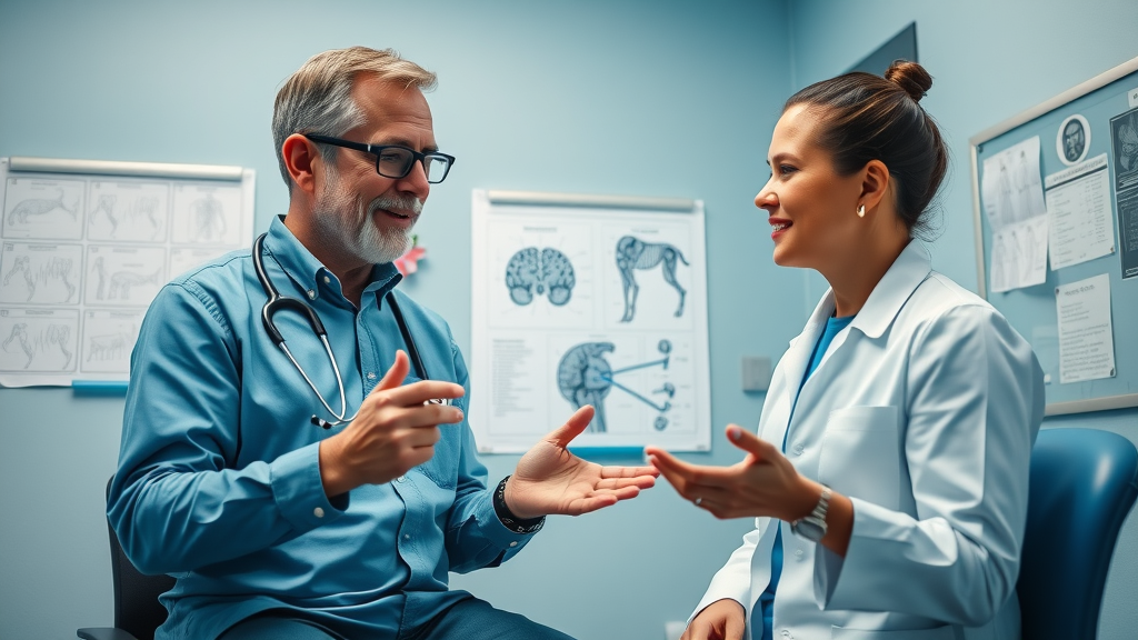 Optimistic veterinarian discussing cognitive dysfunction treatment options with pet owner, pointing at a brain diagram in a consultation room