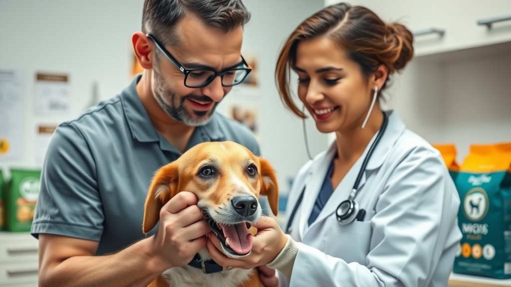 Caring veterinarian examining healthy, happy dog with stethoscope, specialty dog food bags visible. Veterinary consultation, dog food for allergies, photorealistic.