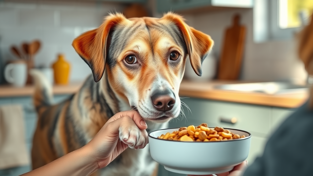 Healthy senior dog eating nutritious food and supplements in kitchen—diet and preventative measures for managing dog mobility issues
