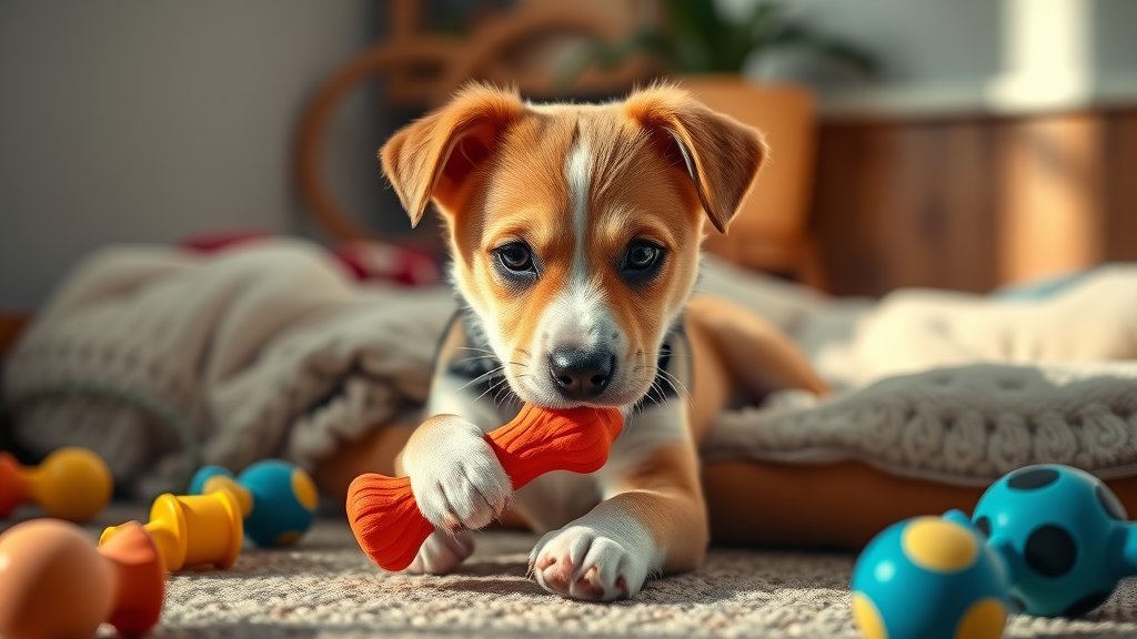 happy puppy playing with brightly colored chew toy - chew toy essential puppy gear