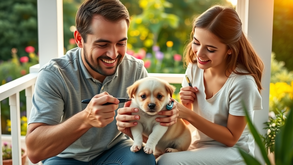 Family grooming puppy with various tools in a sunny garden, positive pet grooming experience