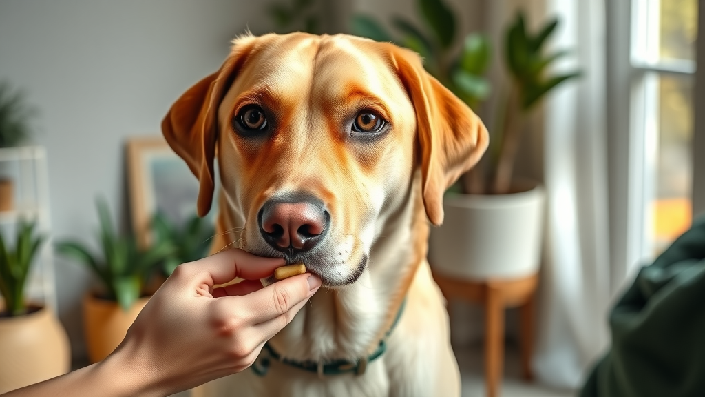 healthy labrador retriever being given pet supplement omega fatty acids holistic pet care