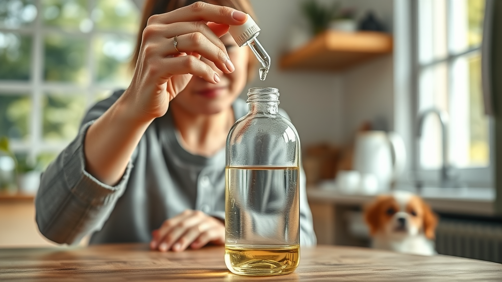 Owner blending essential oils into clear carrier oil bottle as small dog watches curiously. Carrier oil role for essential oils safe for dogs.