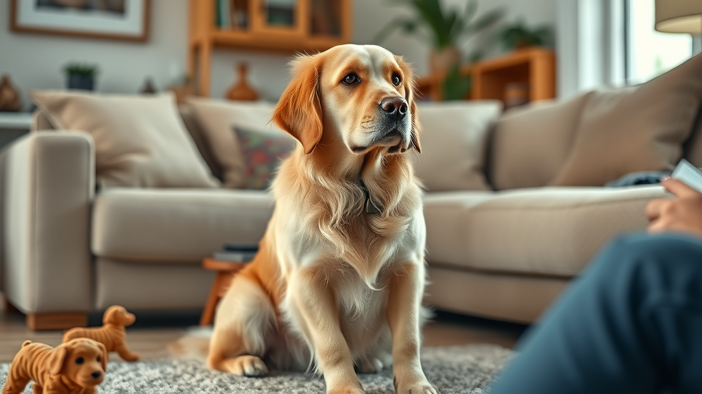 friendly golden retriever sitting calmly beside owner, behavior modification for dogs, cozy living room with dog toys