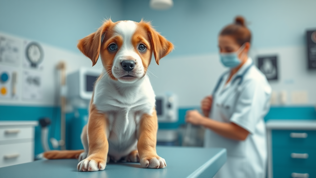 puppy socialization tips - Vigilant puppy calm at a veterinary clinic with a caring vet