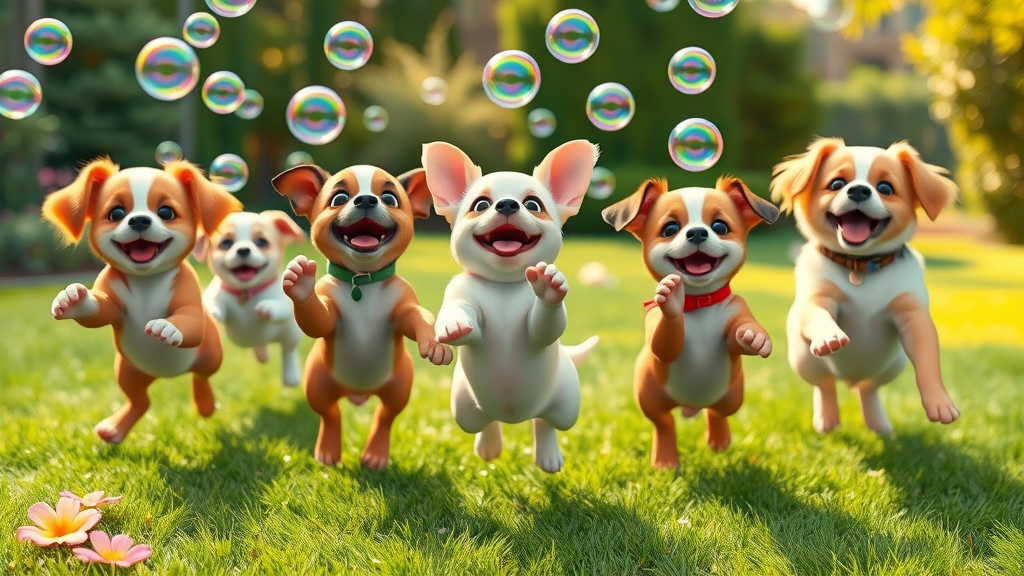 Dogs and puppies chasing and popping floating bubbles in the backyard