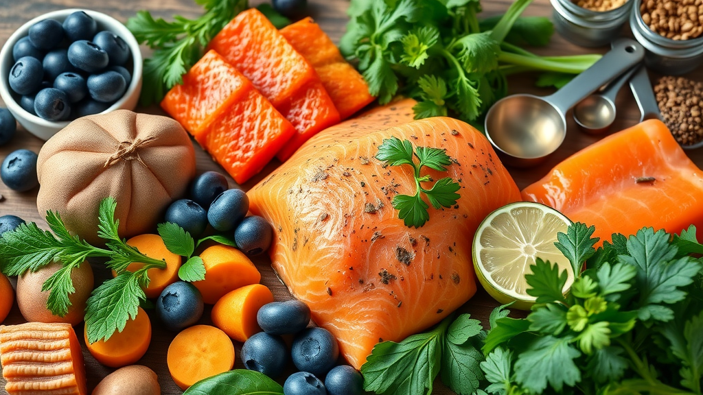 Senior dog diet recommendations: selection of superfoods including blueberries, sweet potatoes, salmon, and leafy greens
