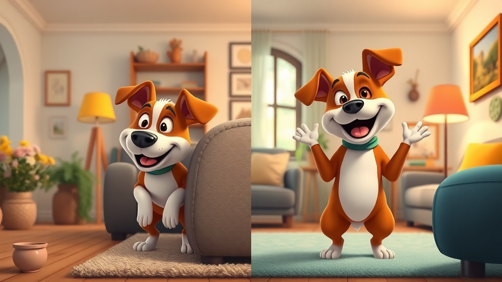 before after desensitization and counterconditioning cartoon split-scene happy dog