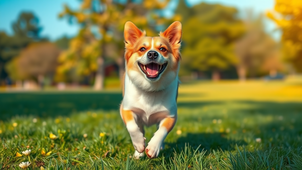 Senior dog running in park with energy after diet improvements and functional food additions