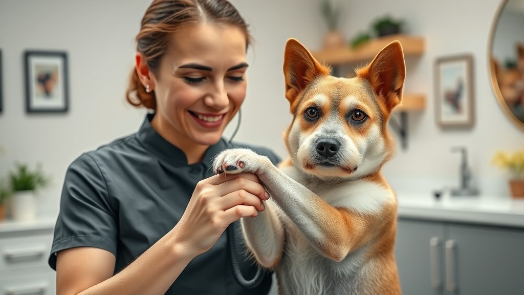 Professional dog groomer demonstrating nail trimming for a senior dog in a calm, modern grooming salon