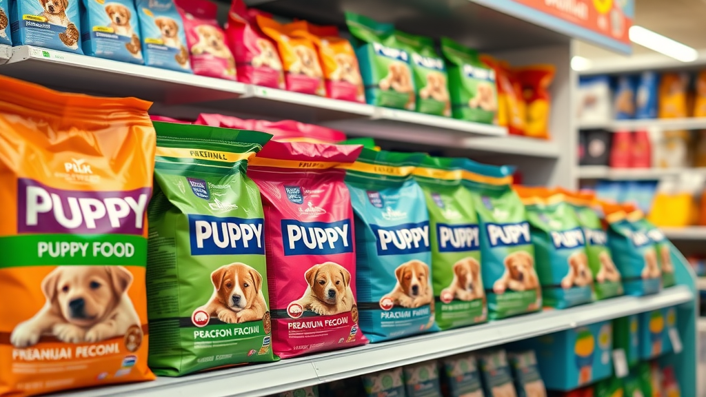 colorful selection of premium puppy food bags neatly displayed in pet store - dry puppy food options