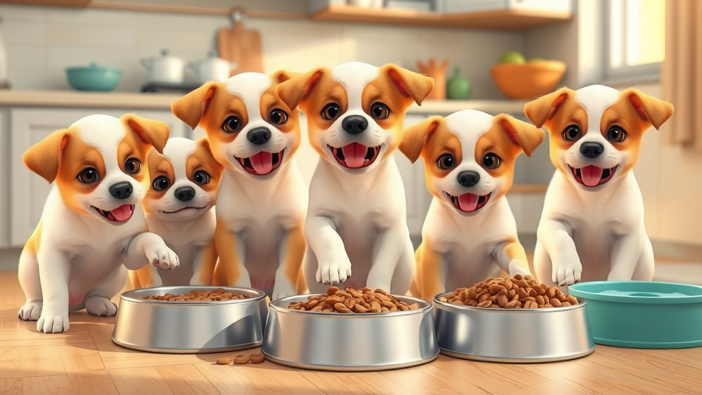 litter of puppies being introduced to dry dog food in a kitchen - dry puppy food transition