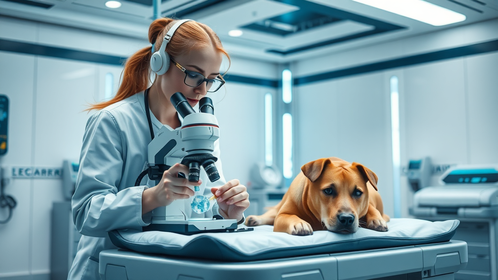 Veterinarian in lab overseeing advanced stem cell therapy in a dog with arthritis