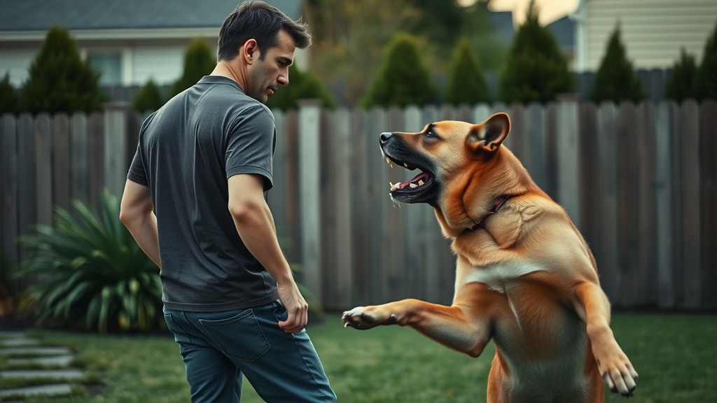 Adult calmly backing away from suddenly aggressive large dog, maintaining eye contact, safe response to dog aggression