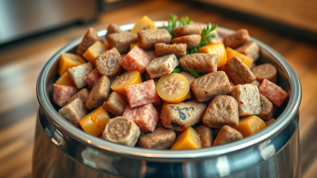 close-up premium dog food with real meat chunks, fish, and vegetables in stainless bowl. dog food ingredients