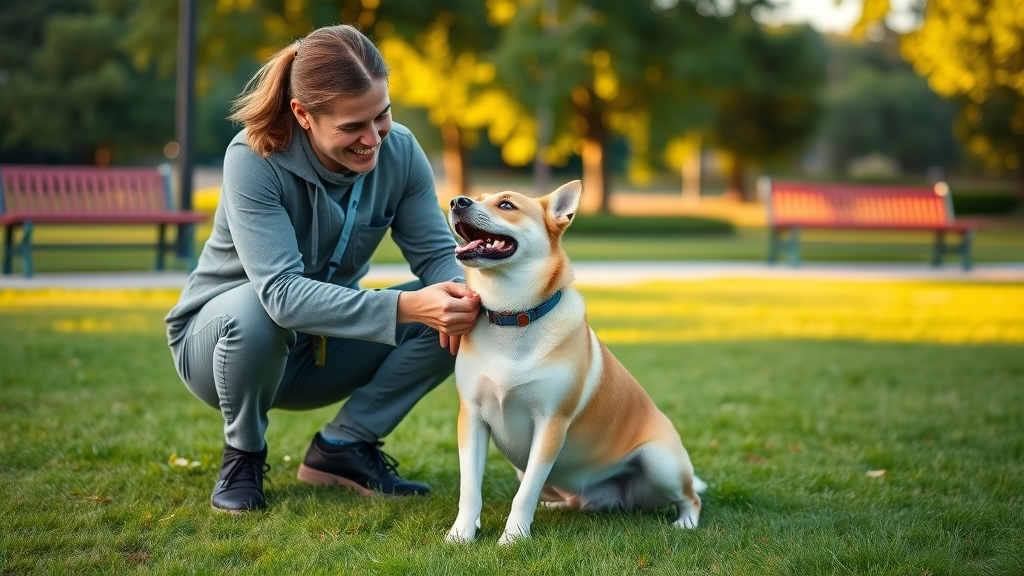 professional dog trainer demonstrates behavior modification for dogs with medium-sized dog in park