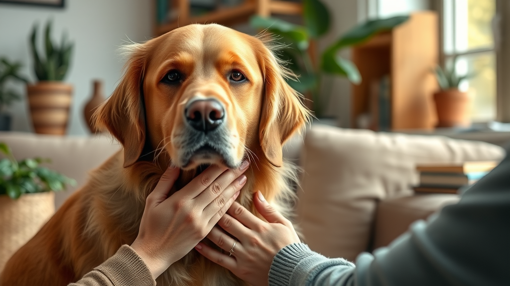 warmhearted golden retriever and owner gentle interaction in cozy living room natural pet care