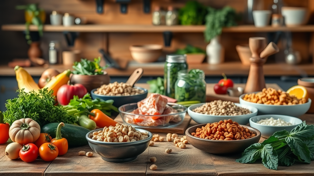premium dog food ingredients lean protein aging dog nutrition omega-3 fatty acids fiber antioxidants kitchen wooden table vibrant colors