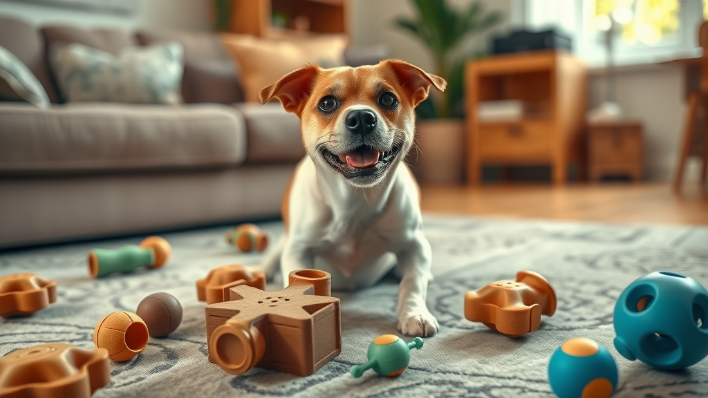 happy attentive dog, curious expression, looking eagerly at a puzzle toy, mental stimulation for dogs, cozy living room, dog toys scattered