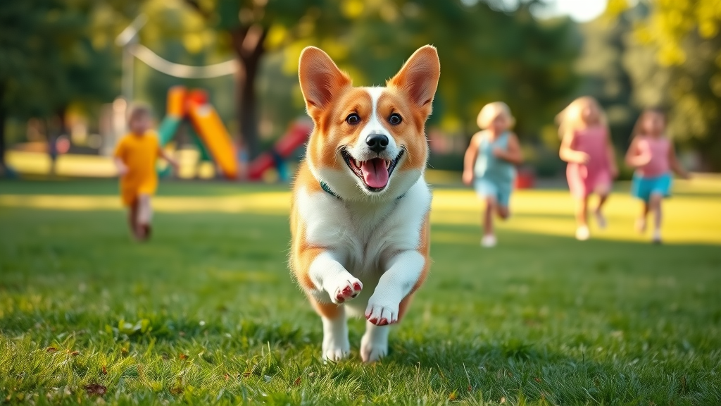 welsh corgi affectionate dog breed running to children in park