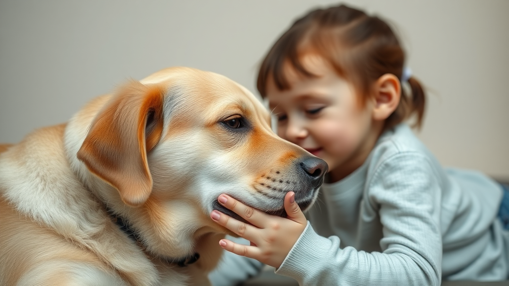 Tranquil close-up of a gentle dog sharing a quiet, loving moment with a child, representing calmness and emotional connection.