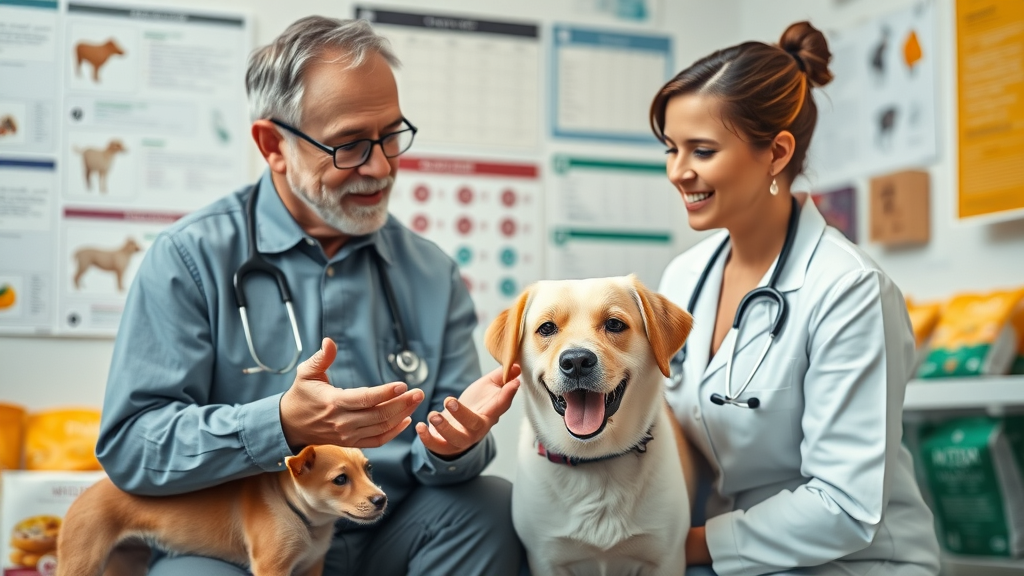 dog nutrition veterinary consultation, veterinarian explaining dog food and canine health, educational setting, dog nutrition priorities