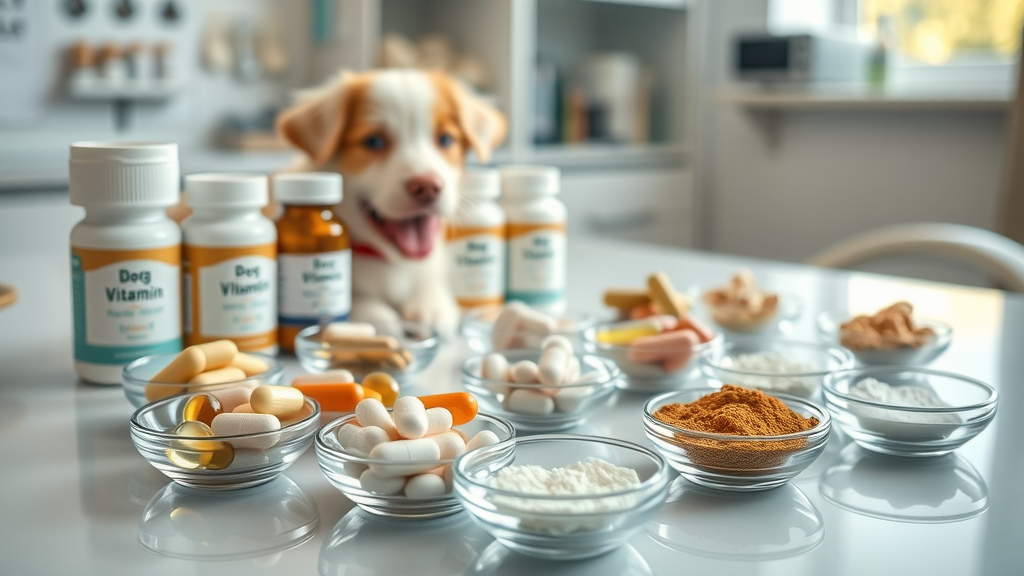 selection of vitamin and mineral supplements on veterinary desk. dog food ingredients