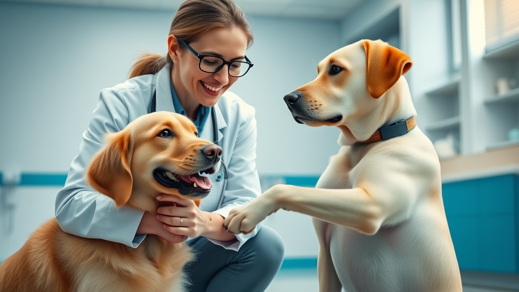 scientist in lab coat gently interacting with golden retriever and labrador, testing friendliness and sociability