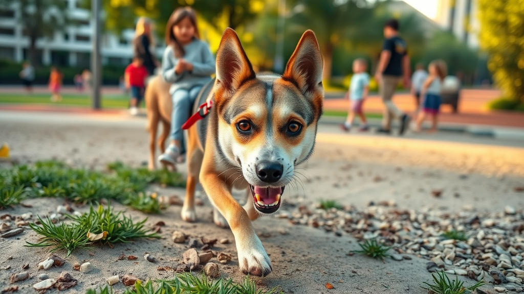 medium-sized dog sniffing and exploring in a vibrant park with grass, sand, wood chips, gravel, dog park socialization